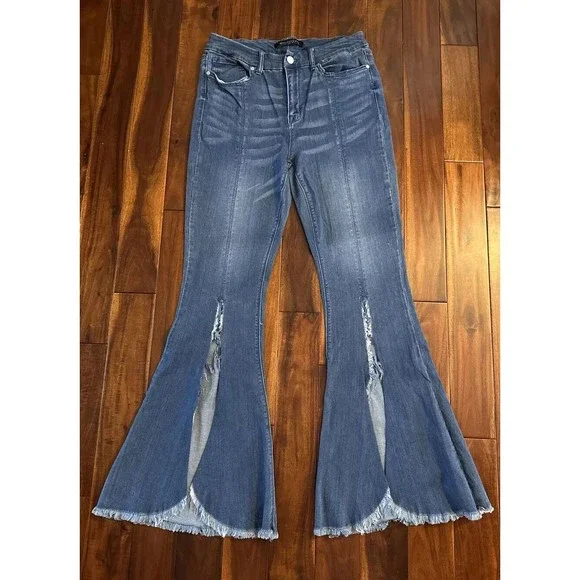Eva Longoria Flare Distressed Slit Women’s Blue Denim Jeans Size 12 - Picture 1 of 16